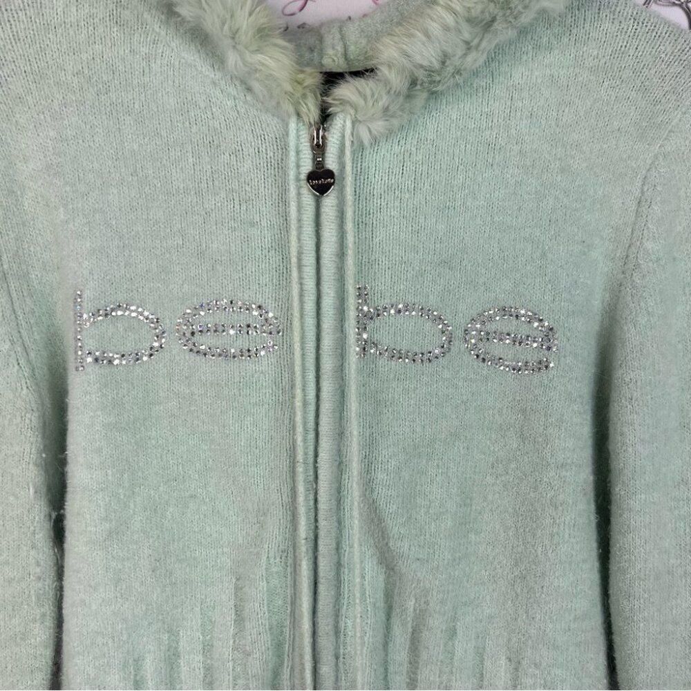 Bebe angora rabbit fur sweater hoodie Light Green Ribbed Sweater with Pom-Poms - Picture 4 of 9